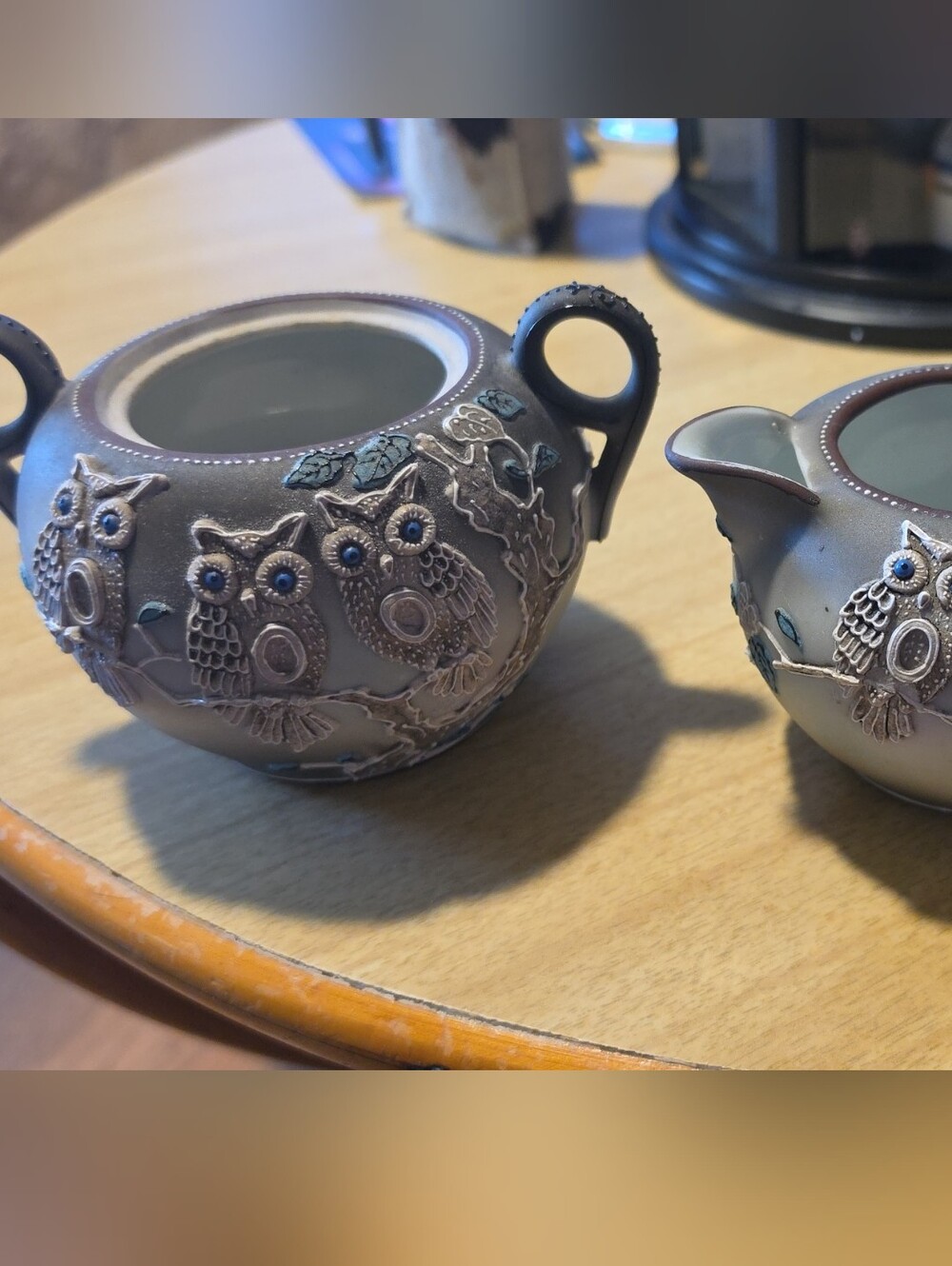 Owl Relief Ceramic Sugar and Creamer Set - Brown and Cream Accents